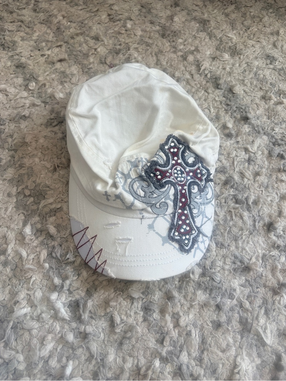 BKE White Hat with Burgundy & Silver Cross Accent
